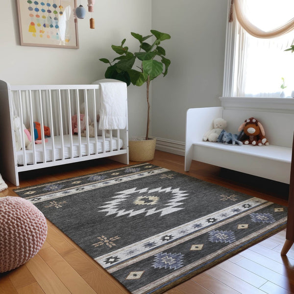 HomeRoots 5' X 8' Modern Geometric Washable Area Rug in Midnight, Ivory & Beige - UV Protected for Durability 645686