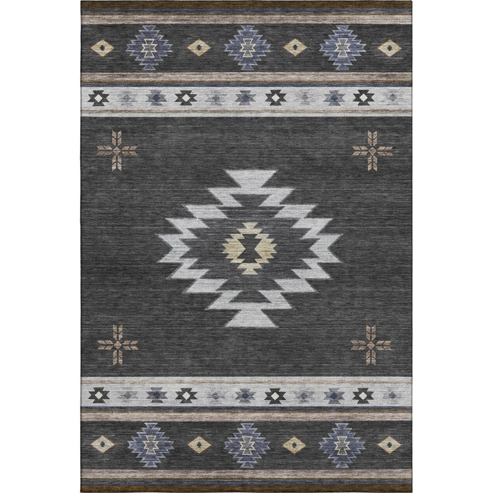 HomeRoots 5' X 8' Modern Geometric Washable Area Rug in Midnight, Ivory & Beige - UV Protected for Durability 645686
