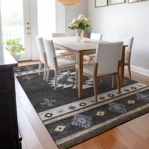 HomeRoots 5' X 8' Modern Geometric Washable Area Rug in Midnight, Ivory & Beige - UV Protected for Durability 645686