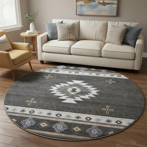 HomeRoots 8' Stylish Midnight Ivory & Beige Geometric Round Rug - Washable, UV Protected, Ideal for Families 645687