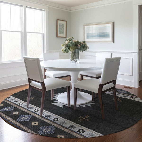HomeRoots 8' Stylish Midnight Ivory & Beige Geometric Round Rug - Washable, UV Protected, Ideal for Families 645687