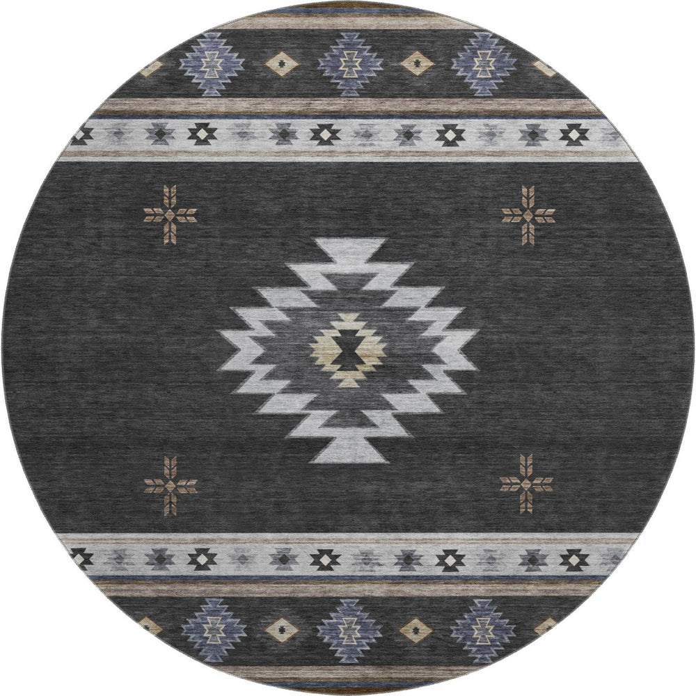 HomeRoots 8' Stylish Midnight Ivory & Beige Geometric Round Rug - Washable, UV Protected, Ideal for Families 645687