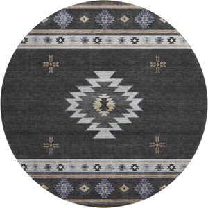 HomeRoots 8' Stylish Midnight Ivory & Beige Geometric Round Rug - Washable, UV Protected, Ideal for Families 645687