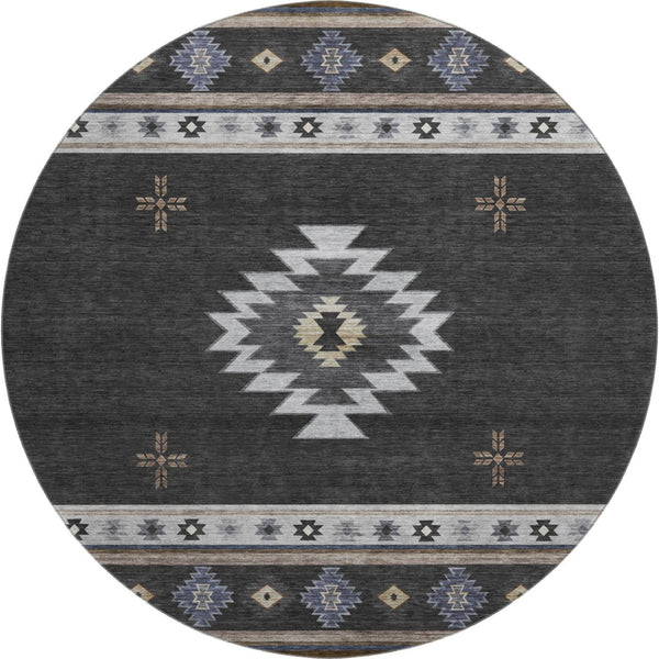 HomeRoots 8' Stylish Midnight Ivory & Beige Geometric Round Rug - Washable, UV Protected, Ideal for Families 645687