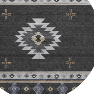 HomeRoots 8' Stylish Midnight Ivory & Beige Geometric Round Rug - Washable, UV Protected, Ideal for Families 645687