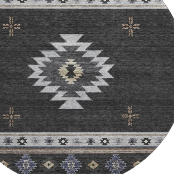 HomeRoots 8' Stylish Midnight Ivory & Beige Geometric Round Rug - Washable, UV Protected, Ideal for Families 645687