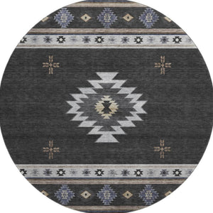 HomeRoots 8' Stylish Midnight Ivory & Beige Geometric Round Rug - Washable, UV Protected, Ideal for Families 645687