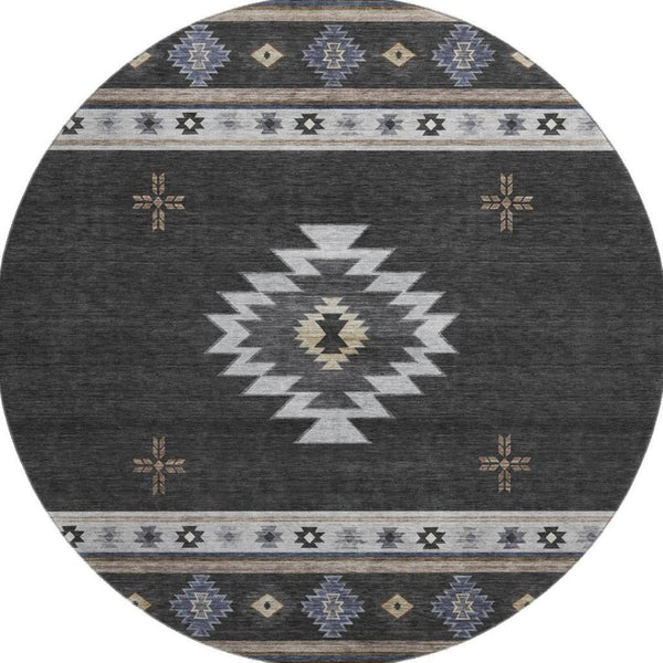 HomeRoots 8' Stylish Midnight Ivory & Beige Geometric Round Rug - Washable, UV Protected, Ideal for Families 645687