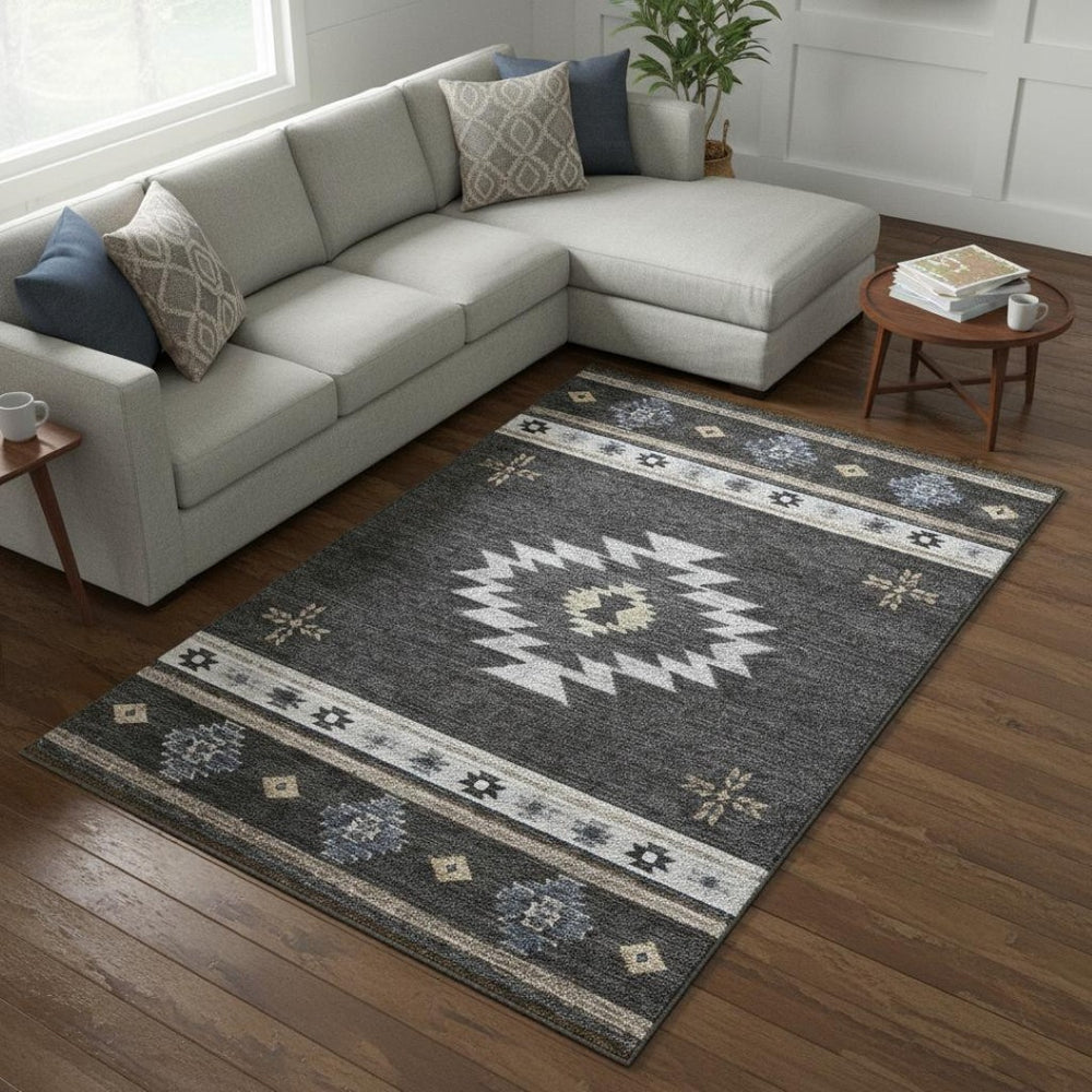 HomeRoots 9' X 12' Stylish Geometric Area Rug in Midnight Ivory & Beige – Washable, UV-Protected, Durable Design 645689
