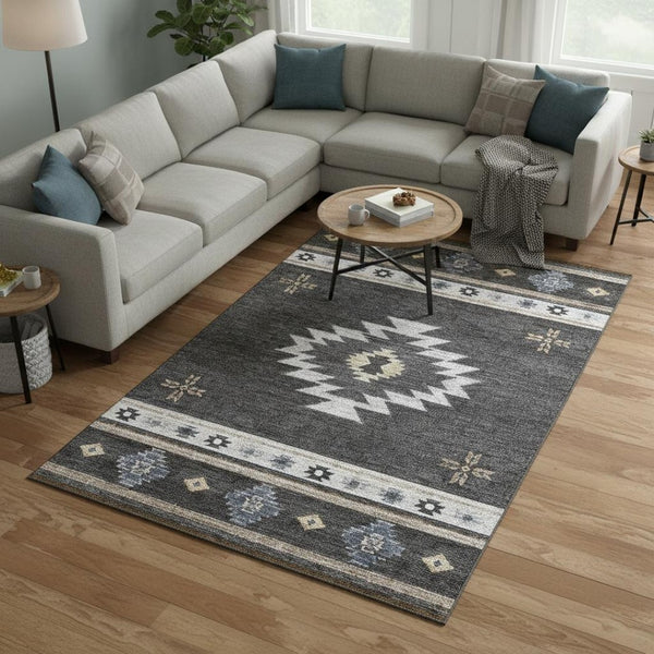 HomeRoots 10' X 14' Midnight Geometric Washable Area Rug - Modern Ivory & Beige Design with UV Protection 645690
