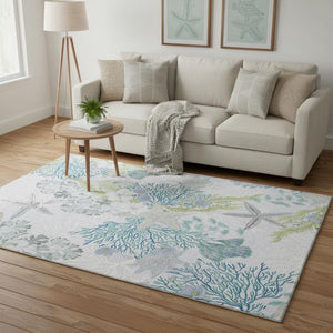 HomeRoots 5' X 8' Aqua Ivory Green Geometric Washable Area Rug - UV Protected, Stain Resistant & Stylish Decor 645692