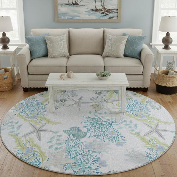 HomeRoots 8' Aqua Ivory And Green Geometric Round Rug - Washable, UV Resistant, Perfect for High-Traffic Areas 645693
