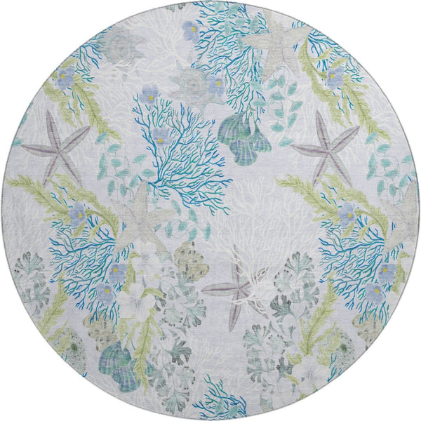 HomeRoots 8' Aqua Ivory And Green Geometric Round Rug - Washable, UV Resistant, Perfect for High-Traffic Areas 645693