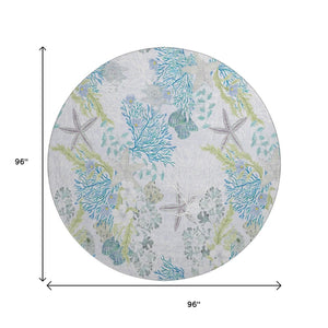 HomeRoots 8' Aqua Ivory And Green Geometric Round Rug - Washable, UV Resistant, Perfect for High-Traffic Areas 645693