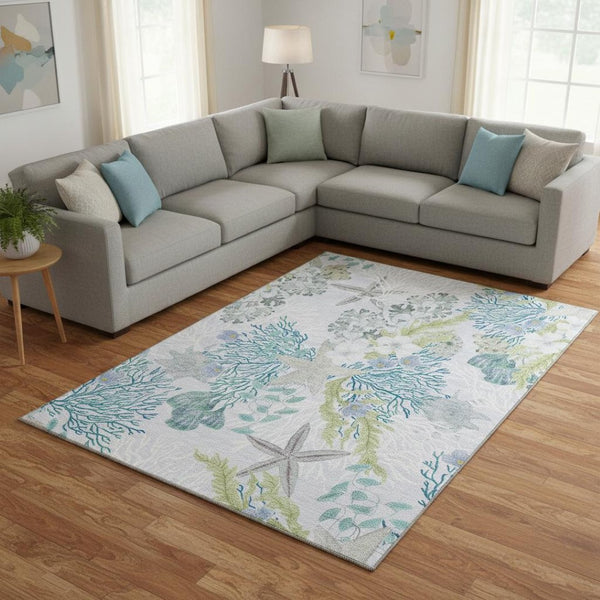 HomeRoots 8' X 10' Aqua Ivory & Green Geometric Area Rug - Washable, UV-Protected, Stain-Resistant Beauty! 645694