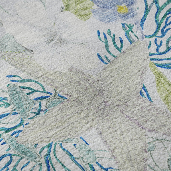 HomeRoots 8' X 10' Aqua Ivory & Green Geometric Area Rug - Washable, UV-Protected, Stain-Resistant Beauty! 645694