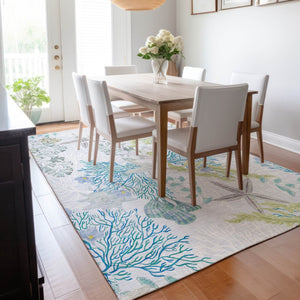 HomeRoots 8' X 10' Aqua Ivory & Green Geometric Area Rug - Washable, UV-Protected, Stain-Resistant Beauty! 645694