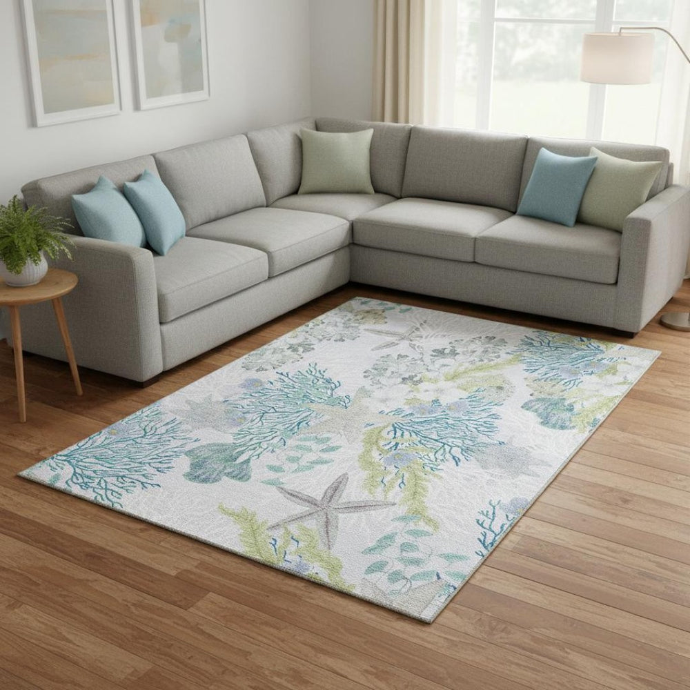 HomeRoots 9' X 12' Aqua Ivory Green Geometric Area Rug - Washable, UV Protected, Stain Resistant for Homes 645695