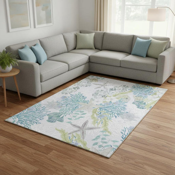 HomeRoots 9' X 12' Aqua Ivory Green Geometric Area Rug - Washable, UV Protected, Stain Resistant for Homes 645695