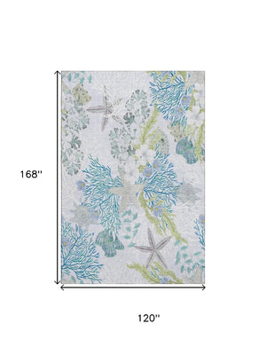 HomeRoots 10' Aqua Ivory Green Geometric Area Rug - Washable, UV Protected, Stain-Resistant for High-Traffic Areas 645696