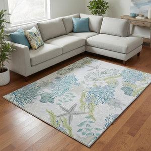 HomeRoots 10' Aqua Ivory Green Geometric Area Rug - Washable, UV Protected, Stain-Resistant for High-Traffic Areas 645696