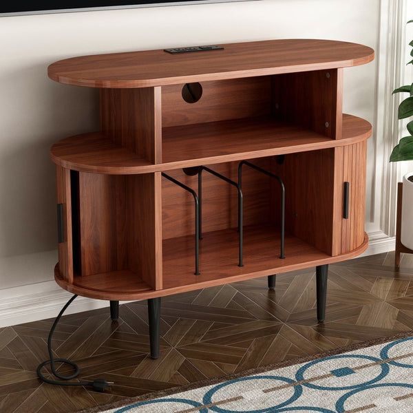 English Elm Large Mid Century Walnut Turntable Stand with Vinyl Storage and Built in Usb Charging W2641P442531