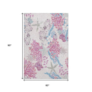 HomeRoots 5' X 8' Geometric Washable Area Rug in Raspberry, Ivory & Blue - UV Protected, Pet & Kid Friendly! 645698