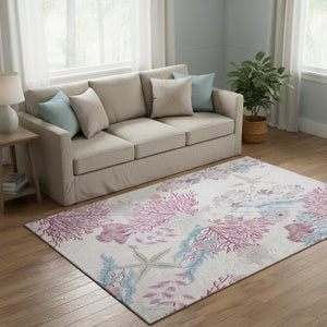 HomeRoots 5' X 8' Geometric Washable Area Rug in Raspberry, Ivory & Blue - UV Protected, Pet & Kid Friendly! 645698