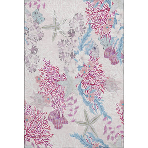 HomeRoots 5' X 8' Geometric Washable Area Rug in Raspberry, Ivory & Blue - UV Protected, Pet & Kid Friendly! 645698