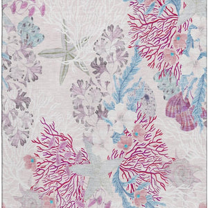 HomeRoots 5' X 8' Geometric Washable Area Rug in Raspberry, Ivory & Blue - UV Protected, Pet & Kid Friendly! 645698