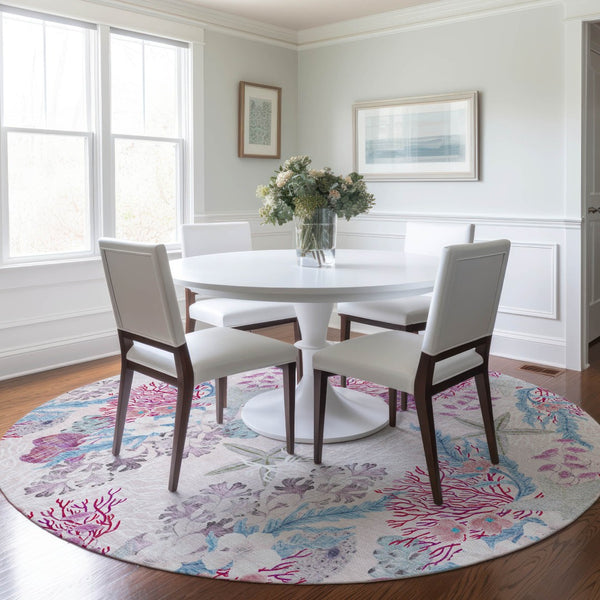 HomeRoots 8' Raspberry Ivory and Blue Geometric Round Rug - Washable, UV Protected, Modern Design for Home 645699