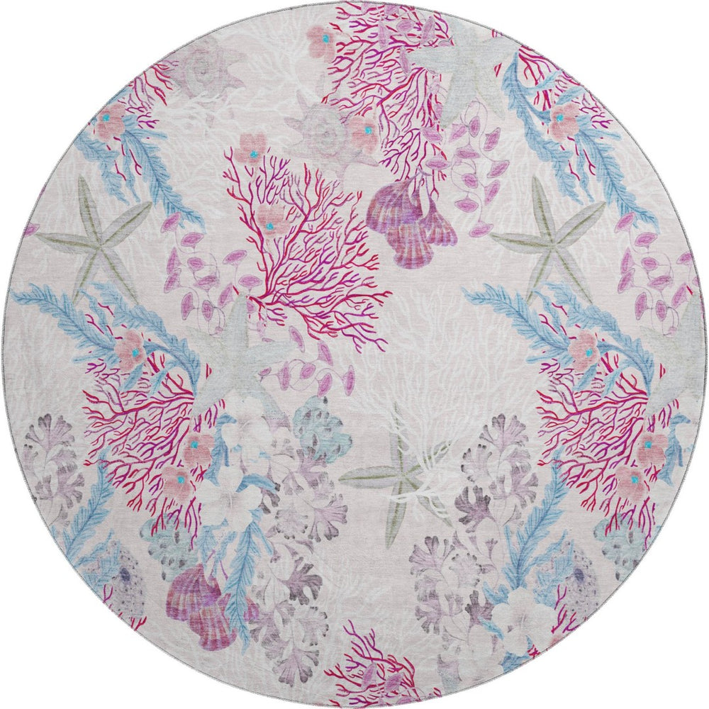 HomeRoots 8' Raspberry Ivory and Blue Geometric Round Rug - Washable, UV Protected, Modern Design for Home 645699