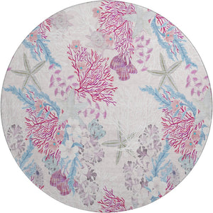 HomeRoots 8' Raspberry Ivory and Blue Geometric Round Rug - Washable, UV Protected, Modern Design for Home 645699