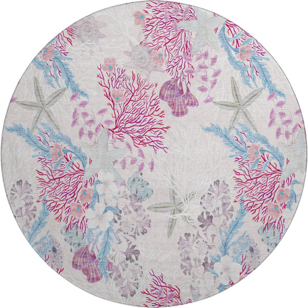HomeRoots 8' Raspberry Ivory and Blue Geometric Round Rug - Washable, UV Protected, Modern Design for Home 645699