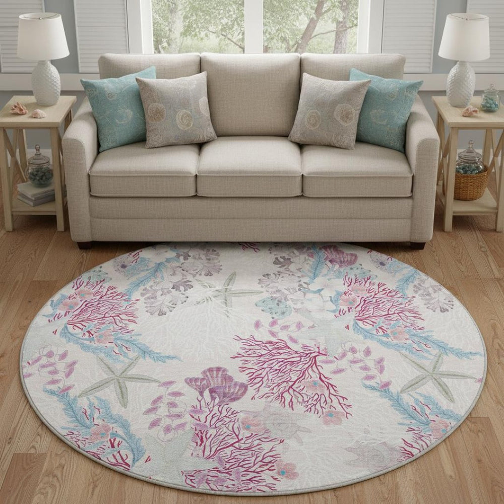 HomeRoots 8' Raspberry Ivory and Blue Geometric Round Rug - Washable, UV Protected, Modern Design for Home 645699