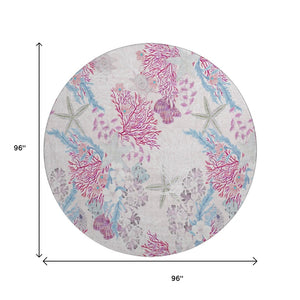 HomeRoots 8' Raspberry Ivory and Blue Geometric Round Rug - Washable, UV Protected, Modern Design for Home 645699