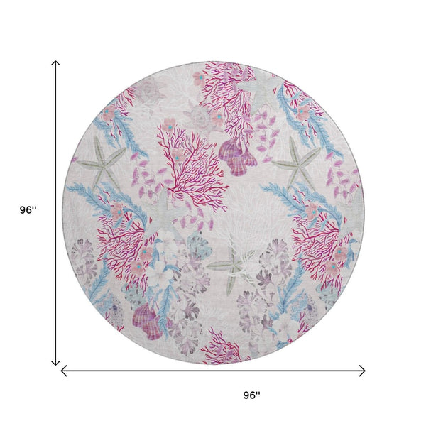 HomeRoots 8' Raspberry Ivory and Blue Geometric Round Rug - Washable, UV Protected, Modern Design for Home 645699