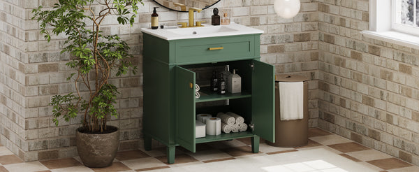 English Elm 30-inch bathroom vanity with ceramic basin, solid wood frame, soft-close doors and adjustable shelves for organized style and lasting durability Green N729P173380F