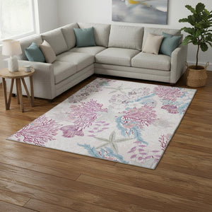 HomeRoots 8' X 10' Coastal-Inspired Washable Area Rug in Raspberry, Ivory & Blue – Durable, UV-Protected Design! 645700