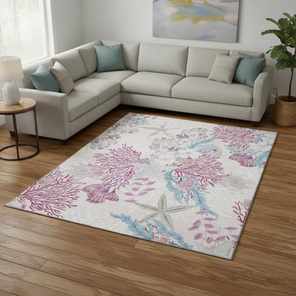 HomeRoots 9' X 12' Geometric Washable Area Rug in Raspberry, Ivory & Blue - UV Protected for Modern Spaces 645701