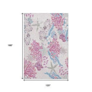 HomeRoots 10' Raspberry Ivory and Blue Geometric Area Rug - Washable, UV-Protected, Perfect for Coastal Spaces! 645702