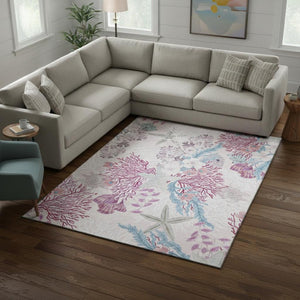 HomeRoots 10' Raspberry Ivory and Blue Geometric Area Rug - Washable, UV-Protected, Perfect for Coastal Spaces! 645702