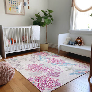 HomeRoots 10' Raspberry Ivory and Blue Geometric Area Rug - Washable, UV-Protected, Perfect for Coastal Spaces! 645702