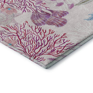 HomeRoots 10' Raspberry Ivory and Blue Geometric Area Rug - Washable, UV-Protected, Perfect for Coastal Spaces! 645702