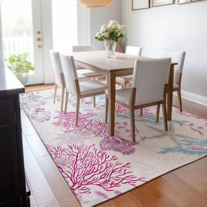 HomeRoots 10' Raspberry Ivory and Blue Geometric Area Rug - Washable, UV-Protected, Perfect for Coastal Spaces! 645702