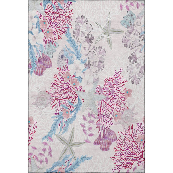 HomeRoots 10' Raspberry Ivory and Blue Geometric Area Rug - Washable, UV-Protected, Perfect for Coastal Spaces! 645702