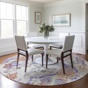 HomeRoots 8' Modern Geometric Round Rug in Cinnamon, Ivory & Plum - Washable, Stain-Resistant, UV Protected 645705