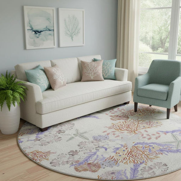 HomeRoots 8' Modern Geometric Round Rug in Cinnamon, Ivory & Plum - Washable, Stain-Resistant, UV Protected 645705