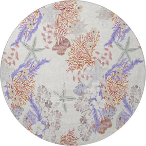 HomeRoots 8' Modern Geometric Round Rug in Cinnamon, Ivory & Plum - Washable, Stain-Resistant, UV Protected 645705