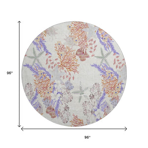 HomeRoots 8' Modern Geometric Round Rug in Cinnamon, Ivory & Plum - Washable, Stain-Resistant, UV Protected 645705